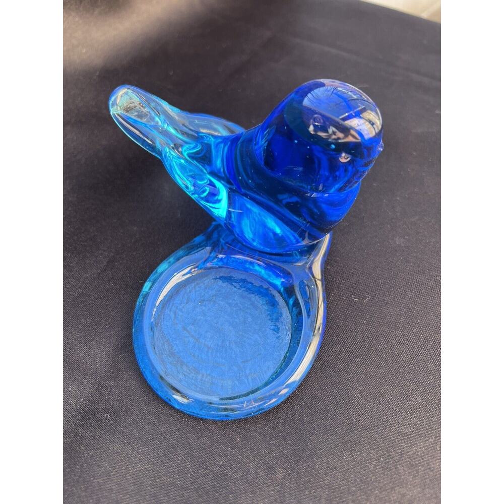 Blue Bird of Happiness Art Glass Votive Candle Holder Signed Leo Ward 1993